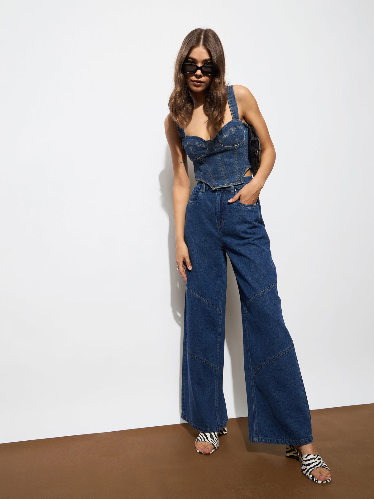 Navy High-Rise Stitch Detail Straight Jeans-SASSAFRAS