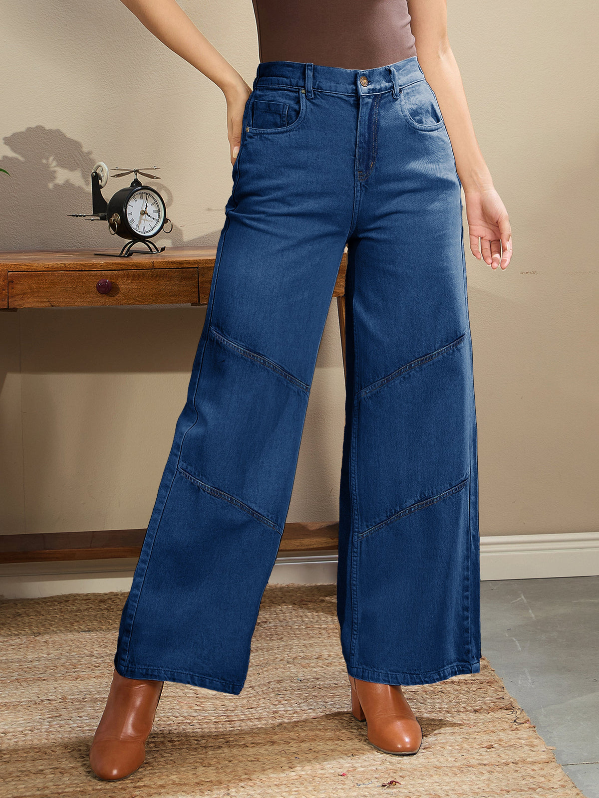 Navy High-Rise Stitch Detail Straight Jeans-SASSAFRAS BASICS