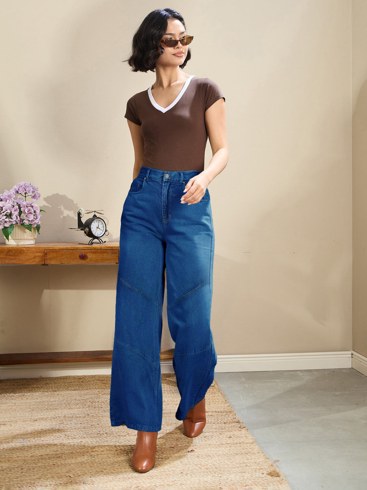 Navy High-Rise Stitch Detail Straight Jeans-SASSAFRAS BASICS