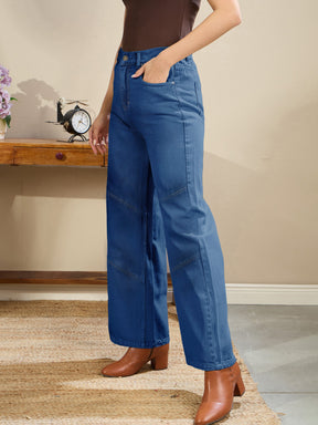 Navy High-Rise Stitch Detail Straight Jeans-SASSAFRAS BASICS