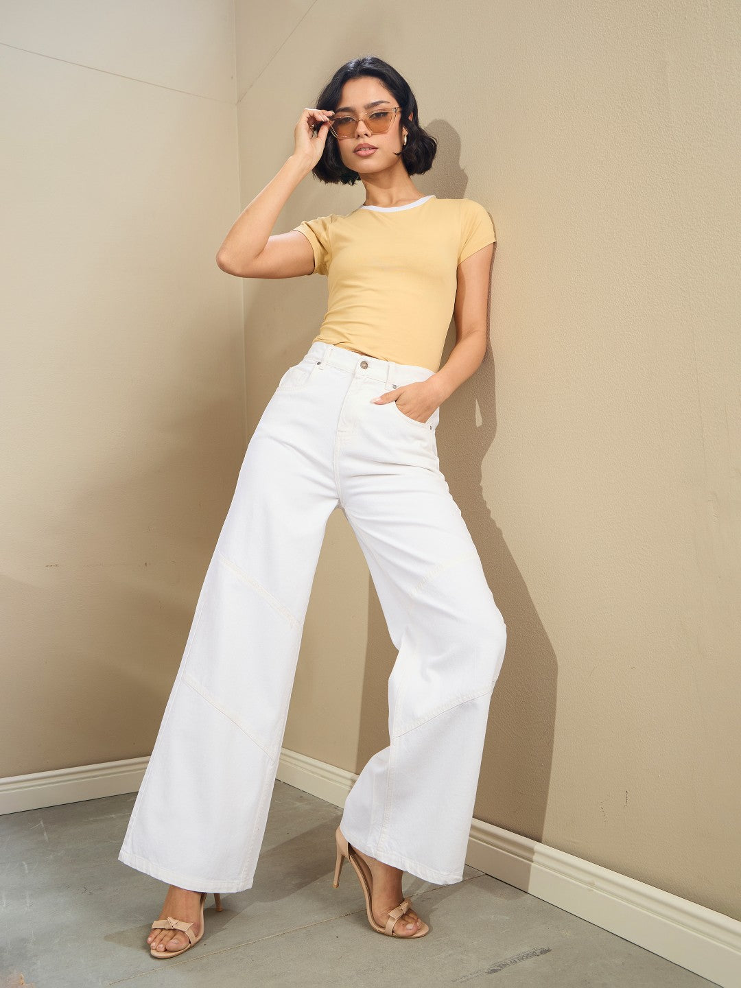 White High-Rise Stitch Detail Straight Jeans-SASSAFRAS BASICS