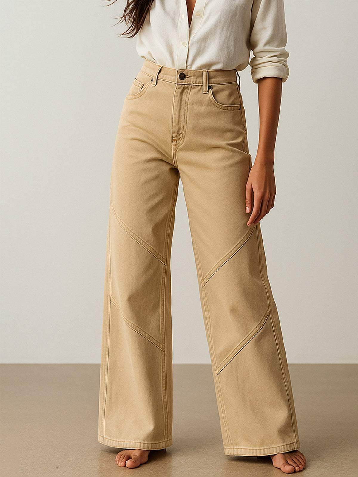 Beige High-Rise Stitch Detail Straight Jeans-SASSAFRAS