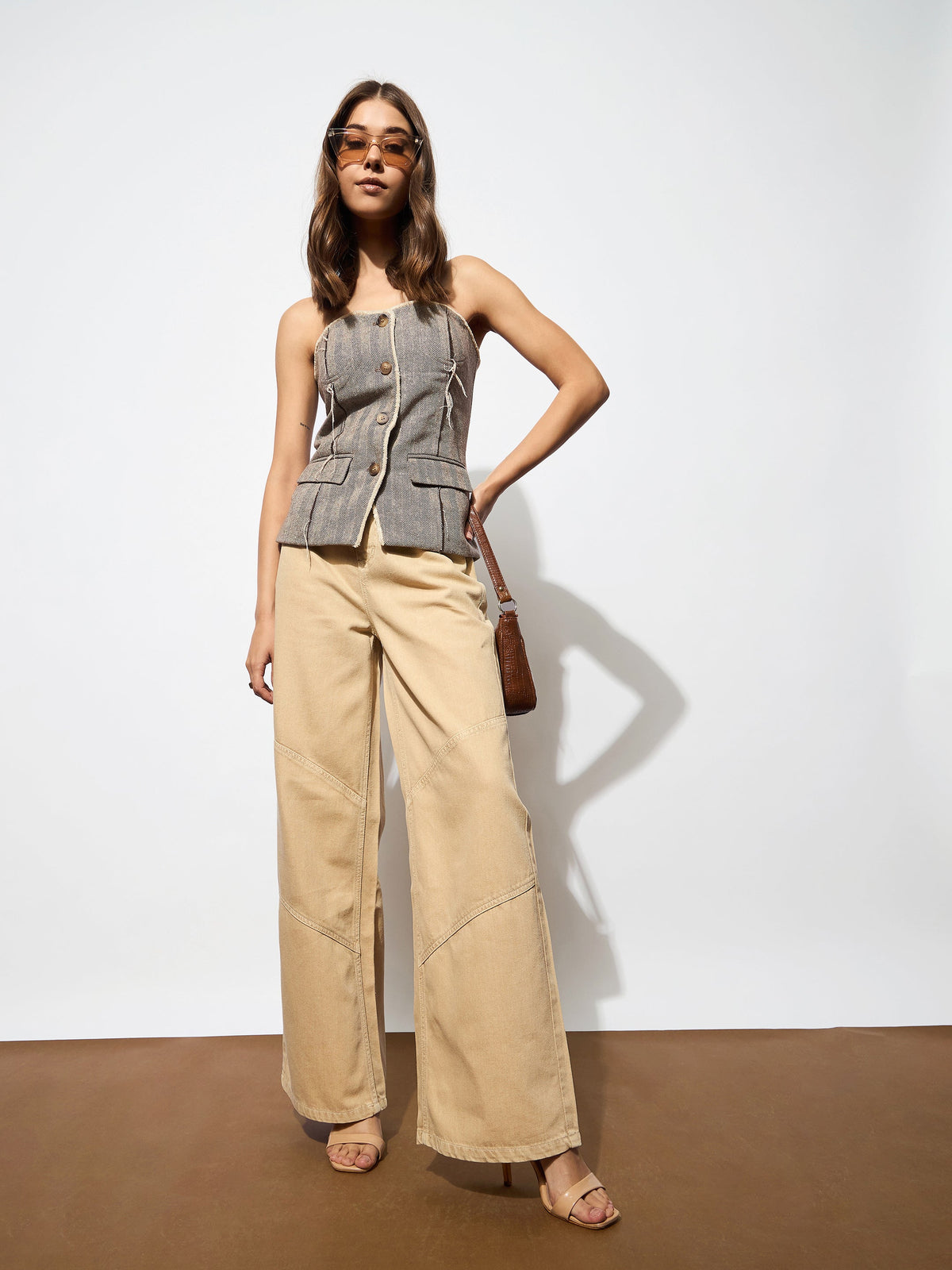 Beige High-Rise Stitch Detail Straight Jeans-SASSAFRAS