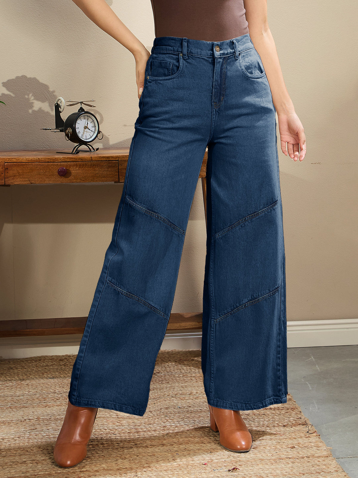 Beige High-Rise Stitch Detail Straight Jeans-SASSAFRAS BASICS