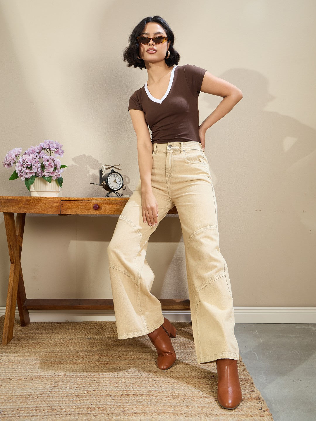 Beige High-Rise Stitch Detail Straight Jeans-SASSAFRAS BASICS