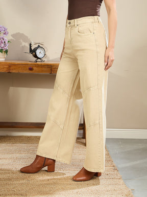 Beige High-Rise Stitch Detail Straight Jeans-SASSAFRAS BASICS