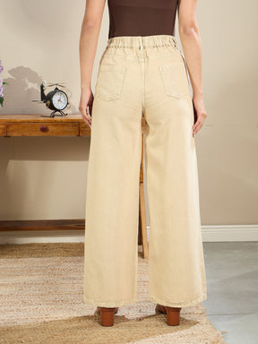 Beige High-Rise Stitch Detail Straight Jeans-SASSAFRAS BASICS