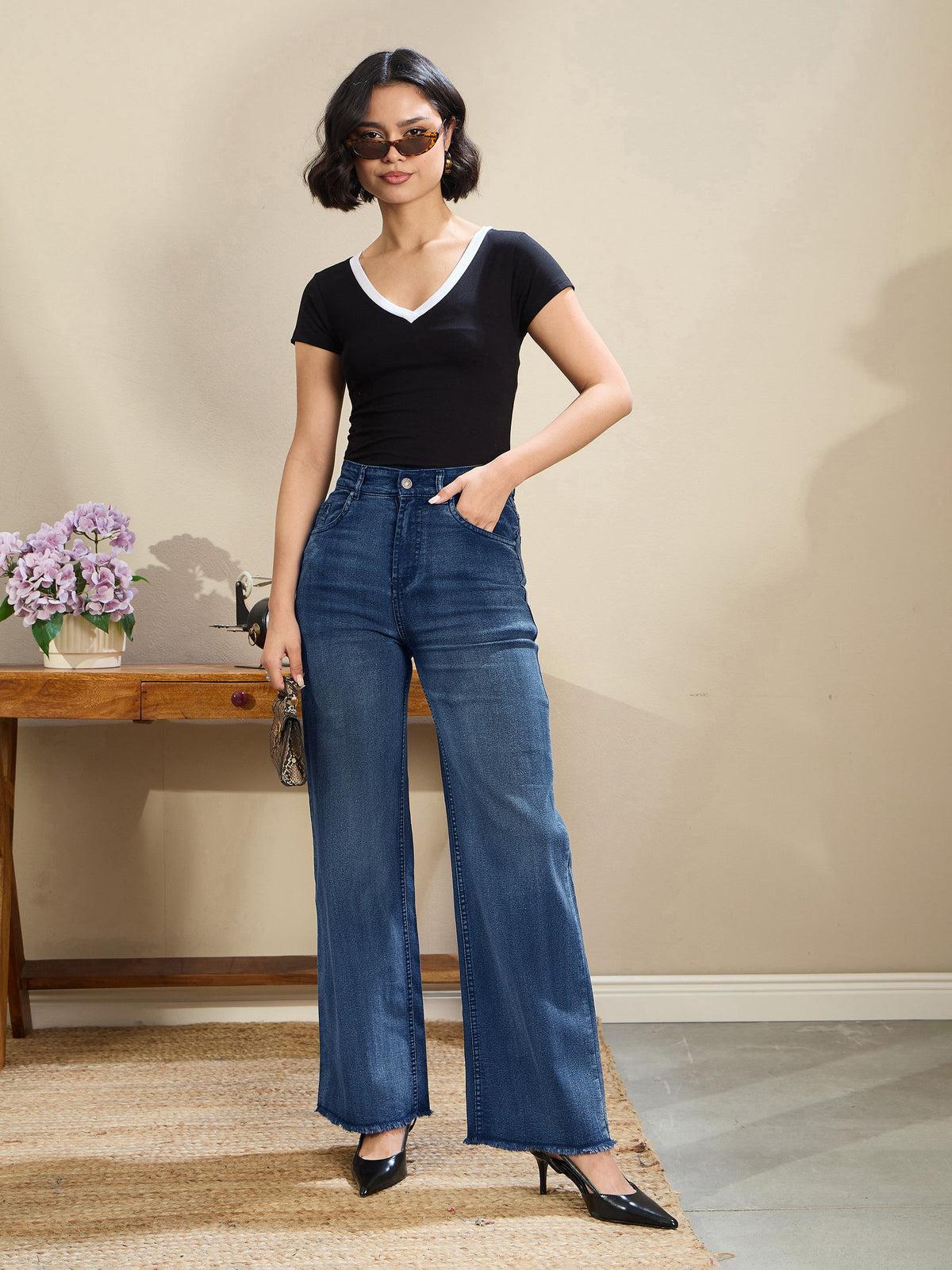 Navy Wash High Waist Straight Frayed Jeans-SASSAFRAS BASICS