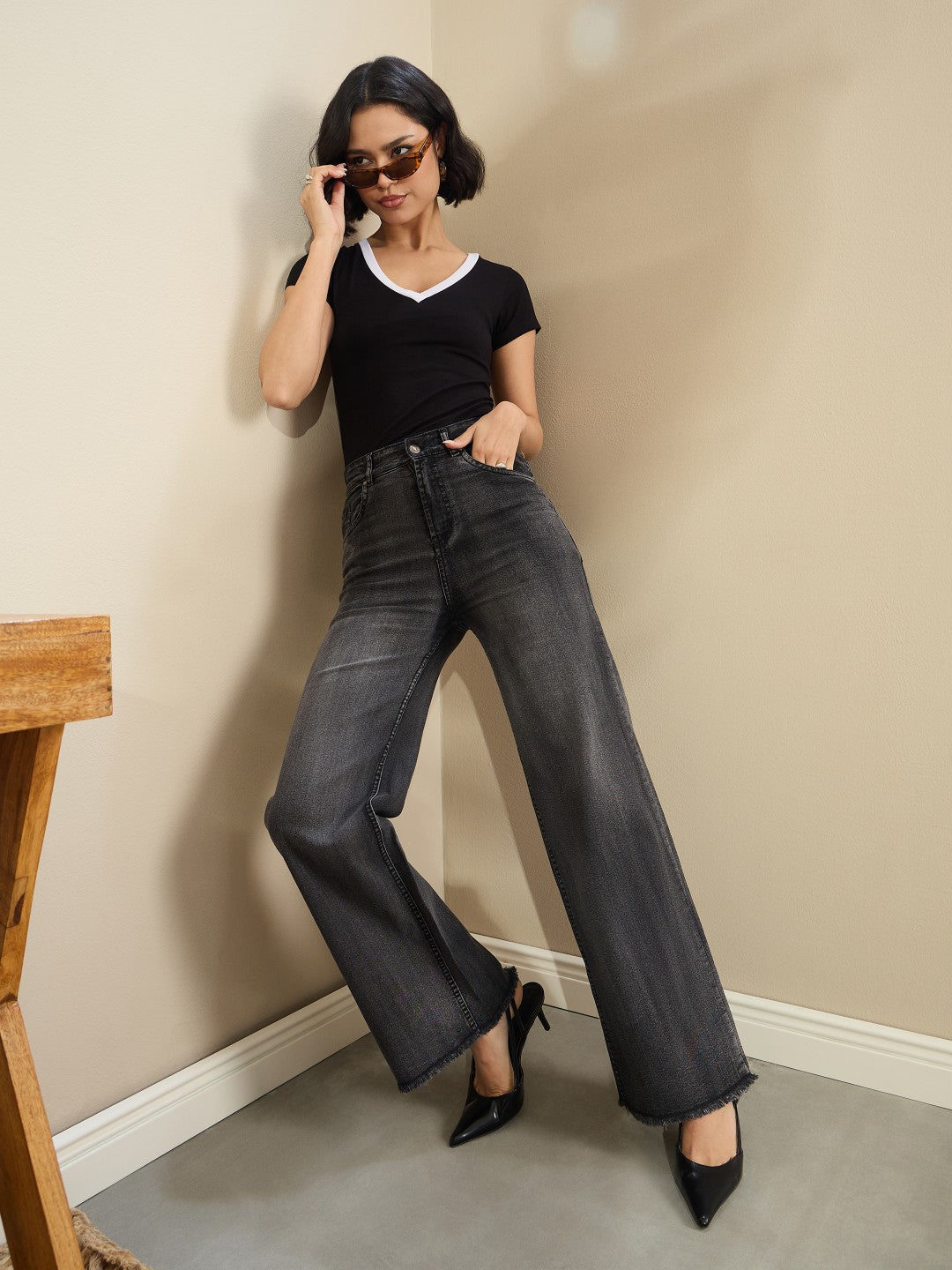 Black Wash High Waist Straight Frayed Jeans-SASSAFRAS BASICS