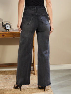 Black Wash High Waist Straight Frayed Jeans-SASSAFRAS BASICS