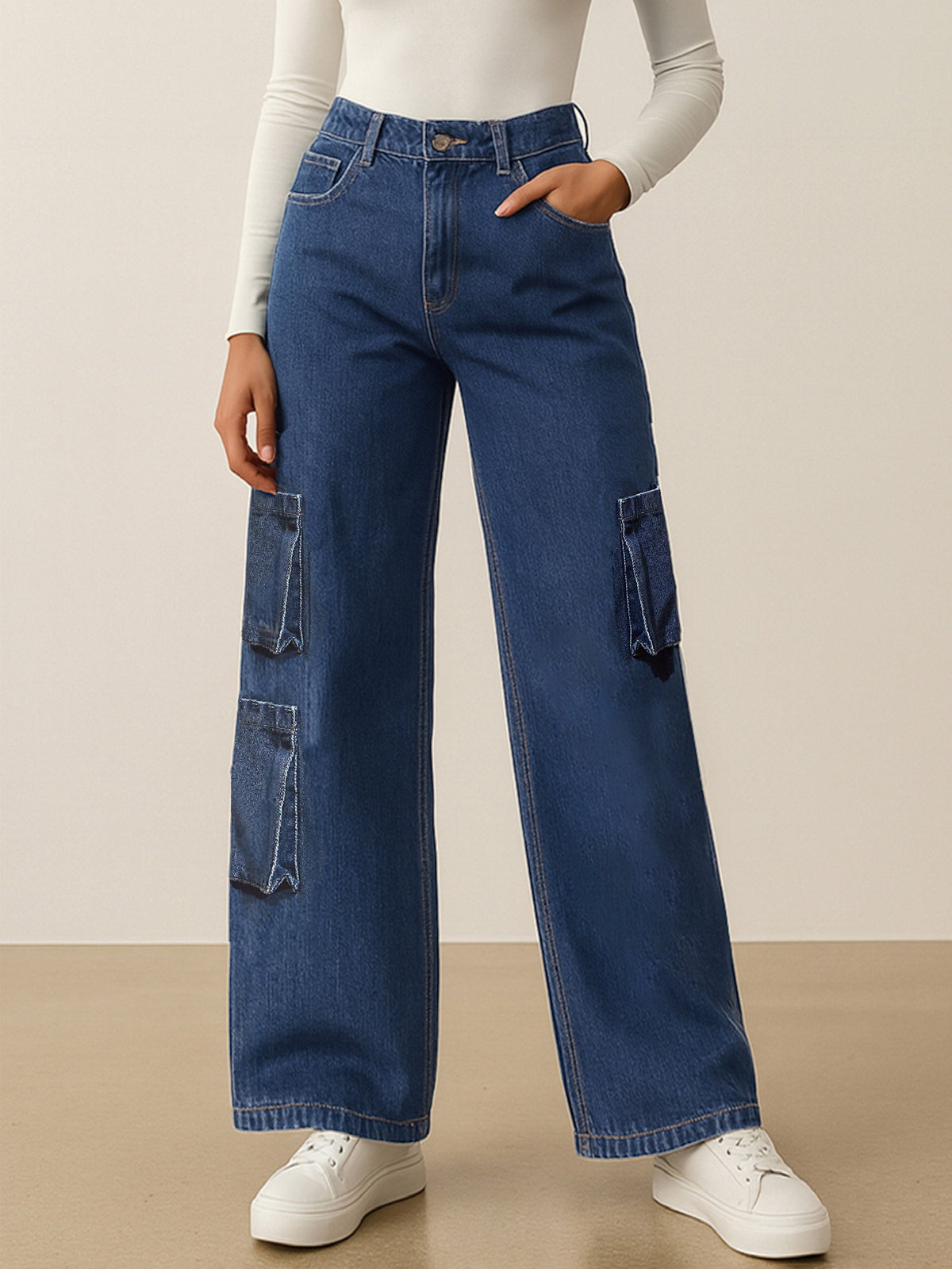 Blue Box Pocket Straight Cargo Jeans-SASSAFRAS