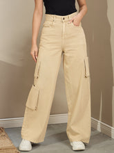 Beige Box Pocket Straight Cargo Jeans-SASSAFRAS BASICS