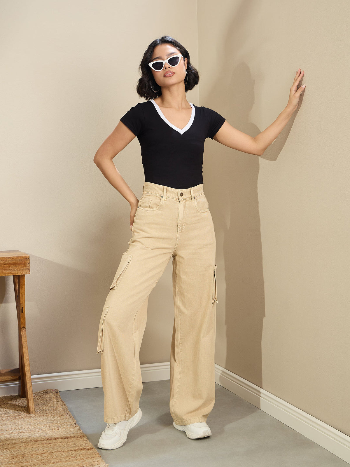 Beige Box Pocket Straight Cargo Jeans-SASSAFRAS BASICS