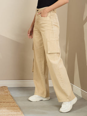 Beige Box Pocket Straight Cargo Jeans-SASSAFRAS BASICS
