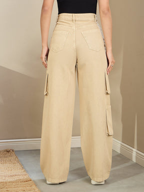 Beige Box Pocket Straight Cargo Jeans-SASSAFRAS BASICS