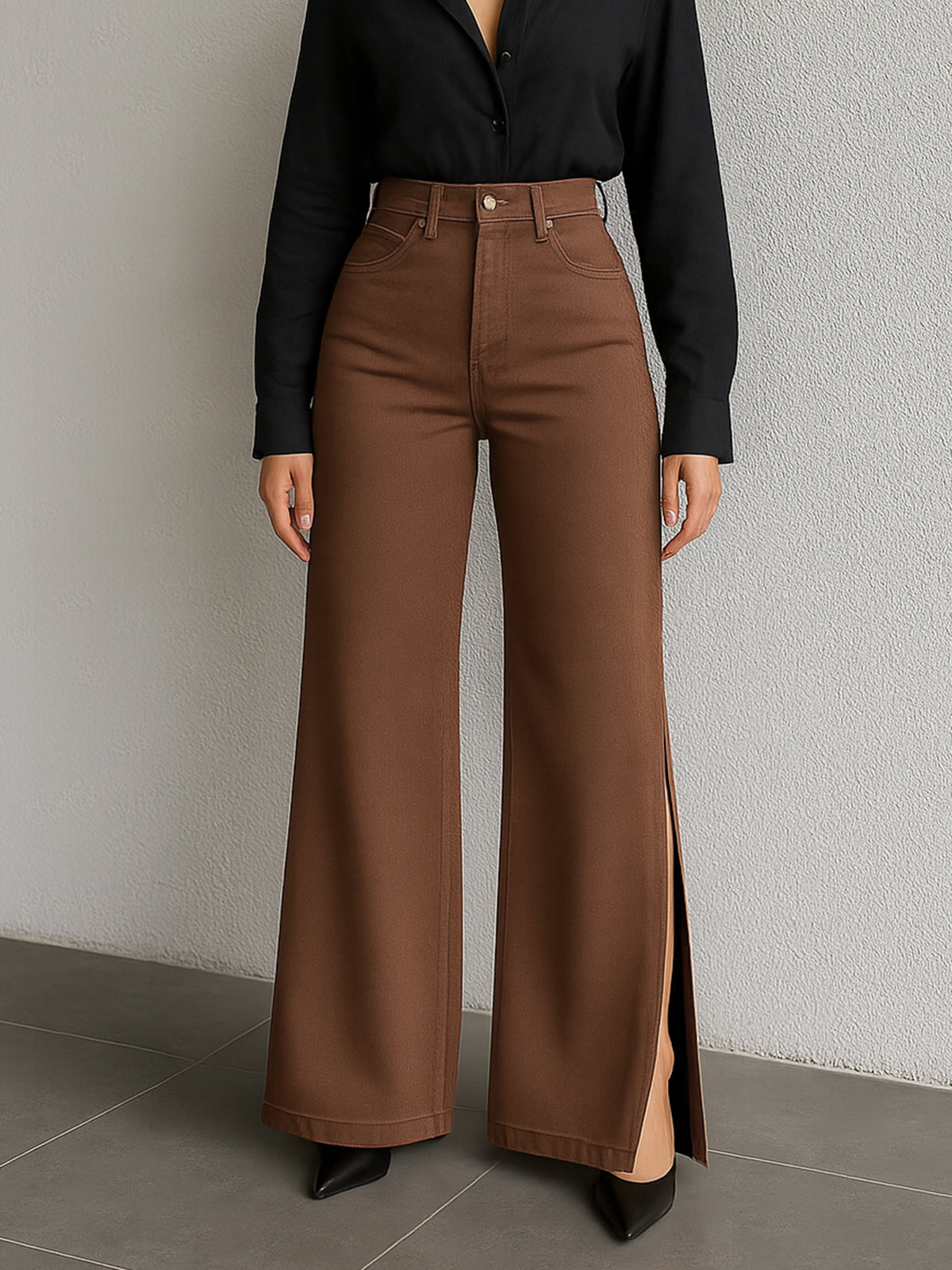 Brown Side Slit Wide Leg Jeans -SASSAFRAS