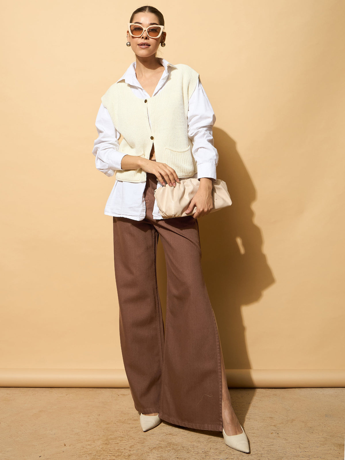 Brown Side Slit Wide Leg Jeans -SASSAFRAS