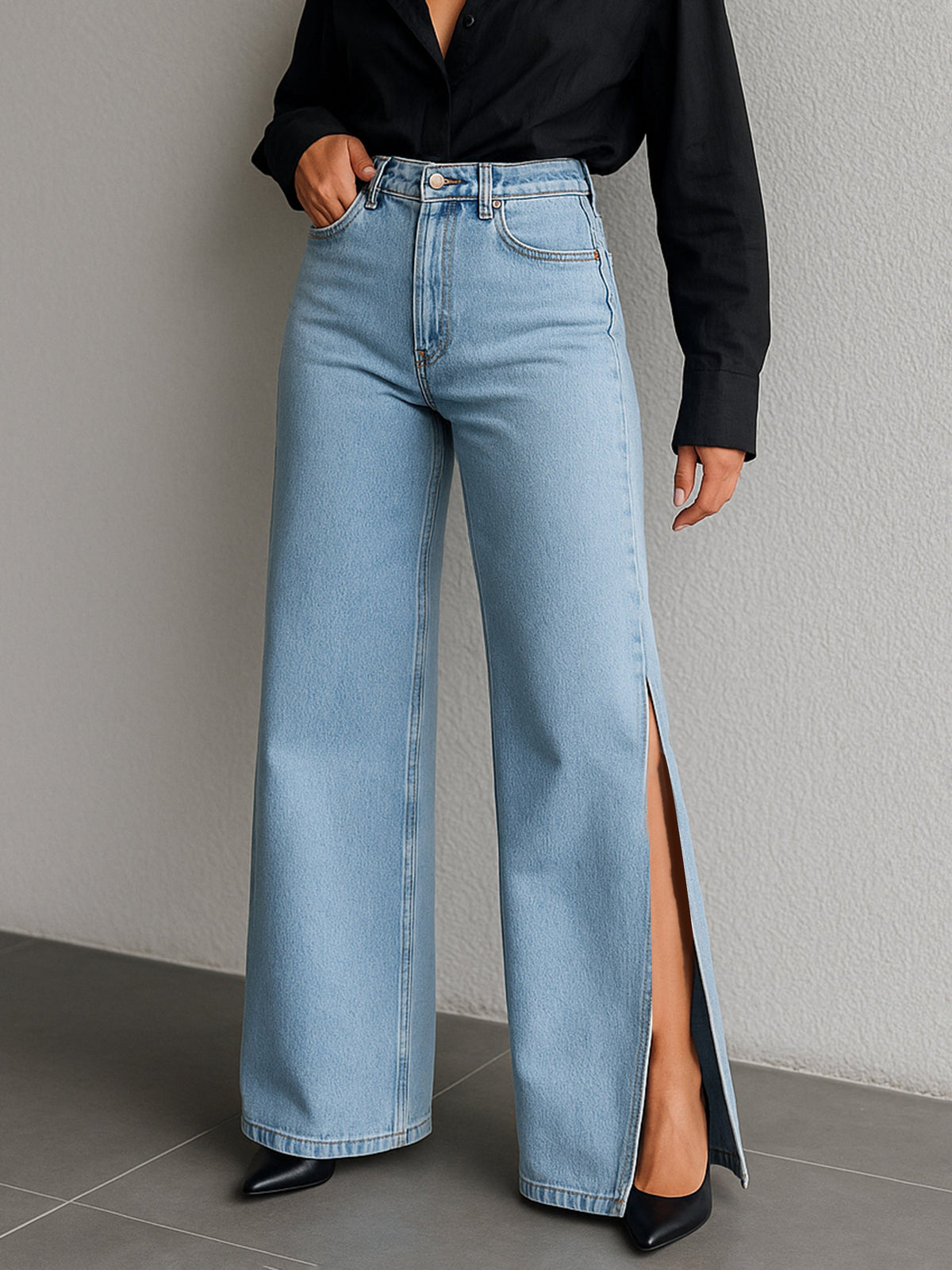 Blue Side Slit Wide Leg Jeans -SASSAFRAS