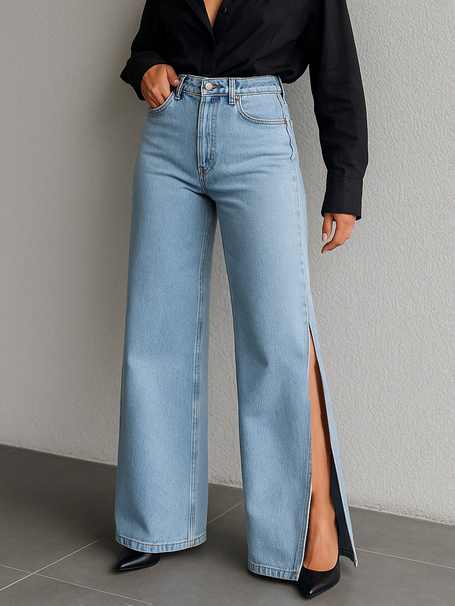 Women Blue Side Slit Wide Leg Jeans - Main Image