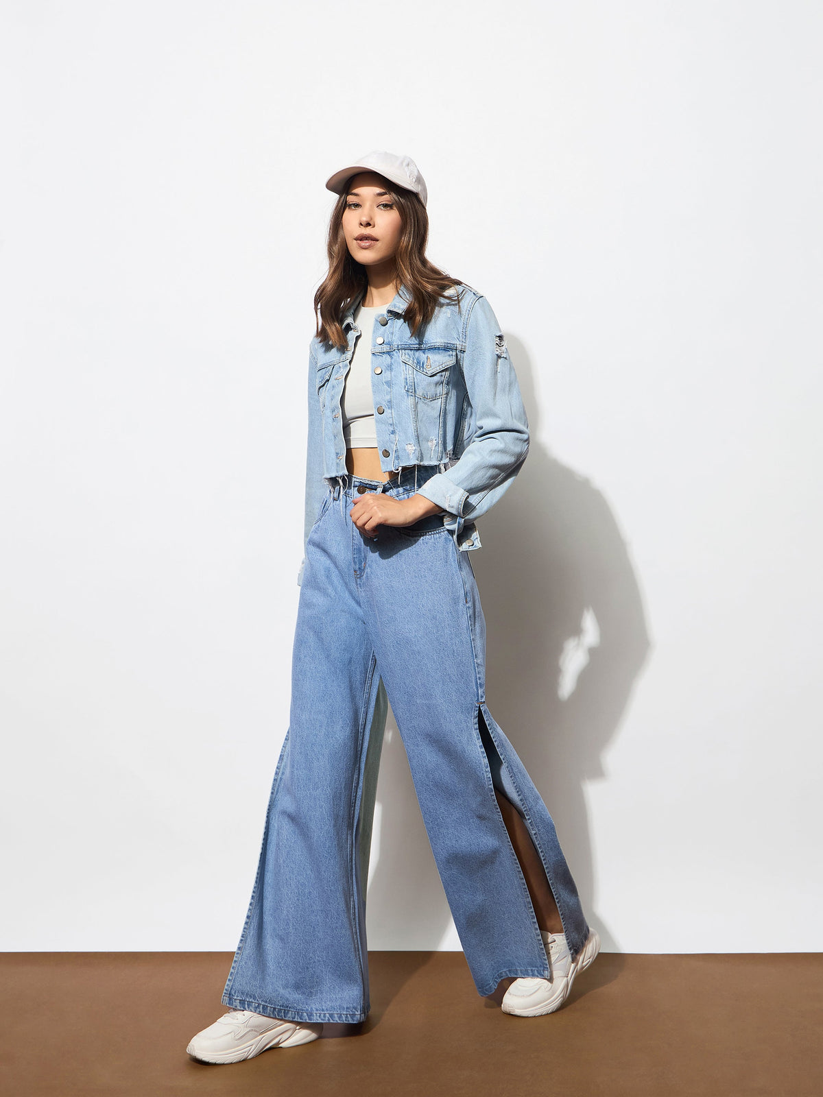 Blue Side Slit Wide Leg Jeans -SASSAFRAS