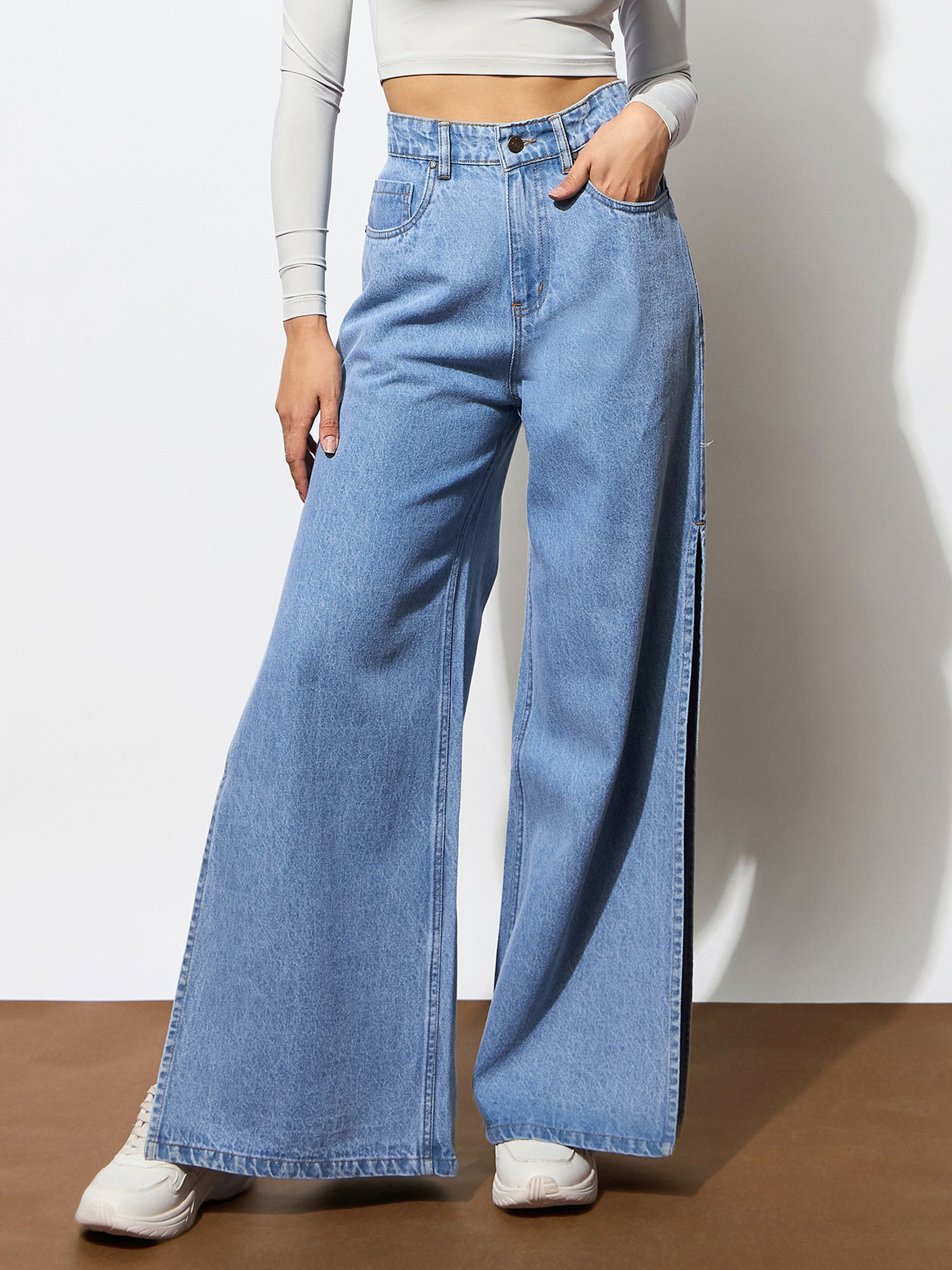 Jeans Wide Leg Calça Jeans Com Ziper Lateral Women Blue Side Slit