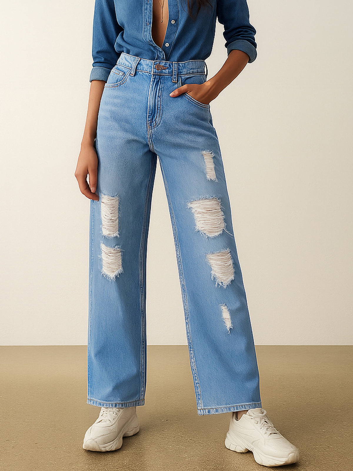 Light Blue Heavy Distressed Straight Frayed Jeans -SASSAFRAS