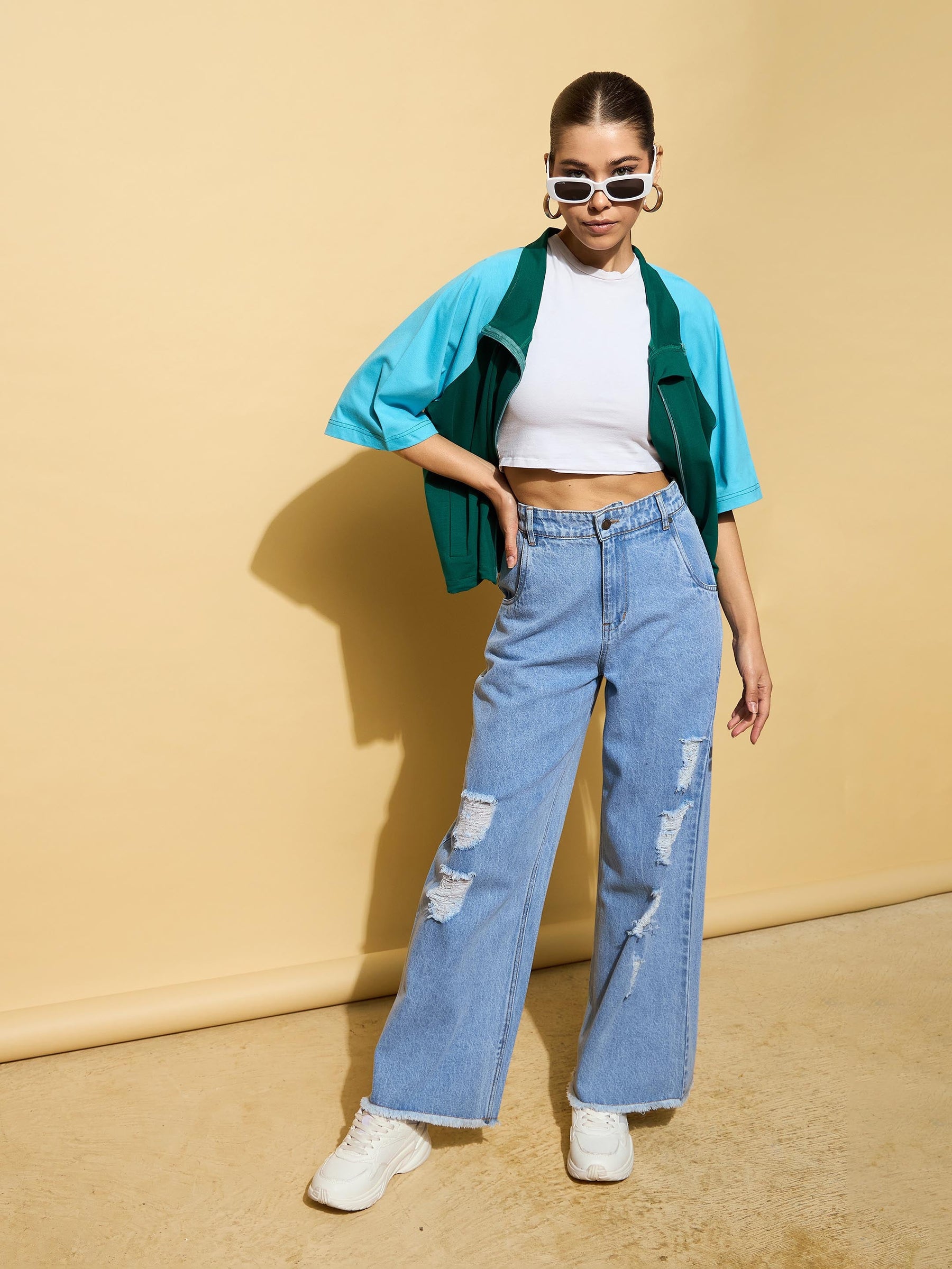 Light Blue Heavy Distressed Straight Frayed Jeans -SASSAFRAS