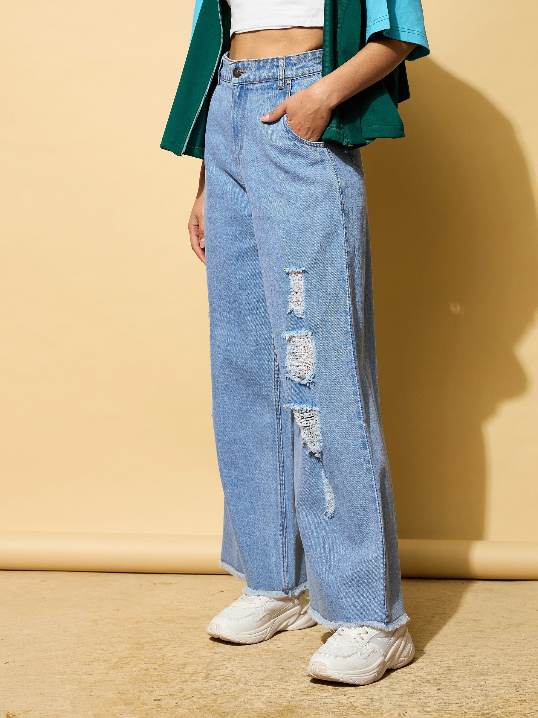 Light Blue Heavy Distressed Straight Frayed Jeans -SASSAFRAS
