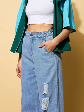 Light Blue Heavy Distressed Straight Frayed Jeans -SASSAFRAS
