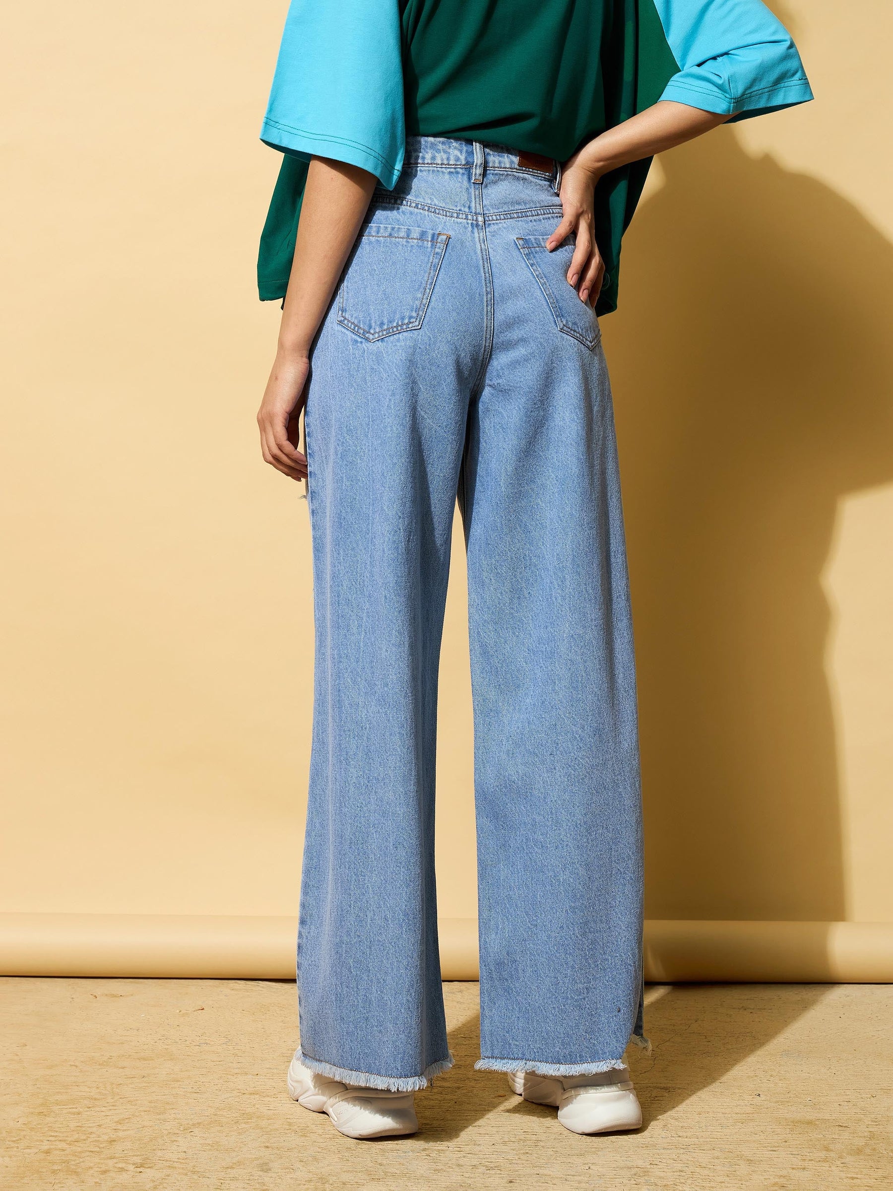 Light Blue Heavy Distressed Straight Frayed Jeans -SASSAFRAS