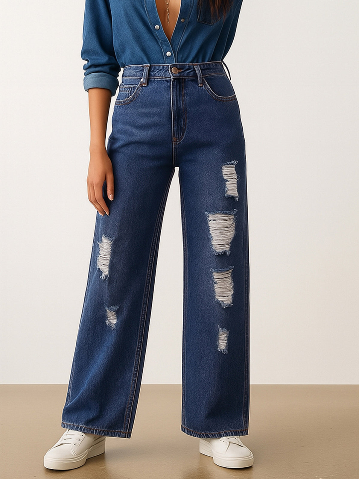 Blue Blast Heavy Distressed Straight Frayed Jeans -SASSAFRAS