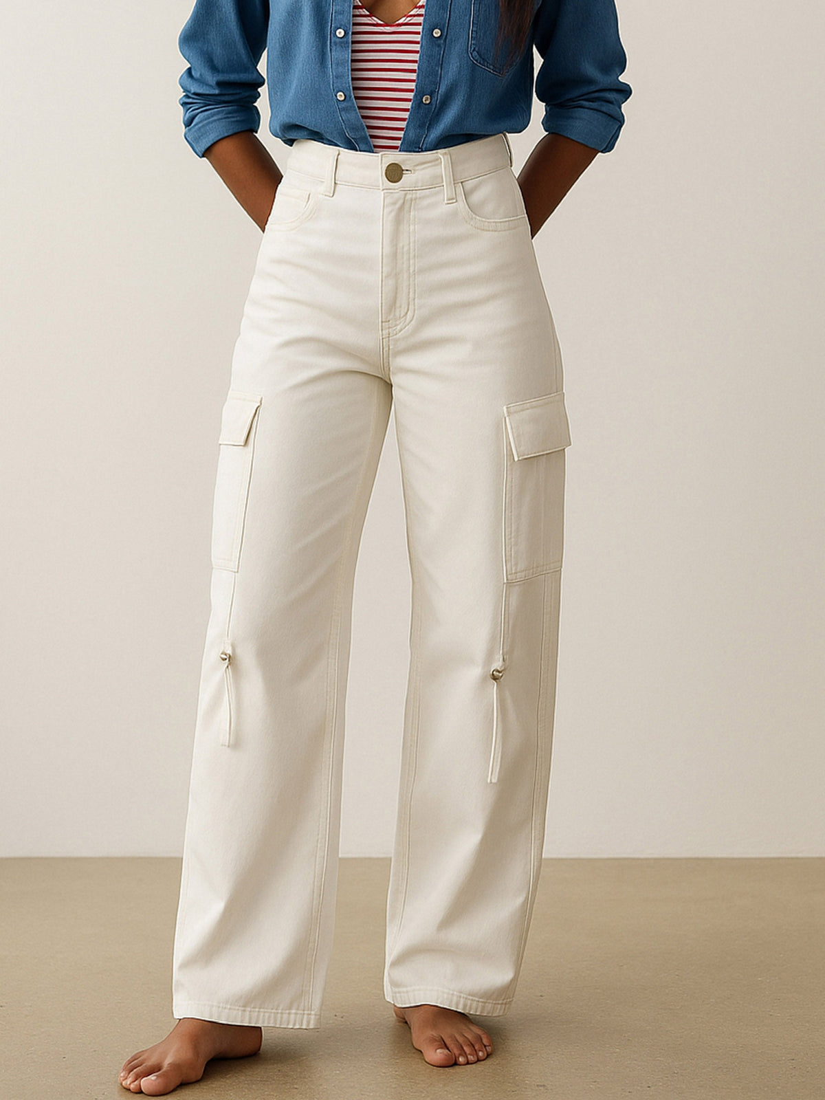 White Twill Cargo Jeans With Looped Straps-SASSAFRAS
