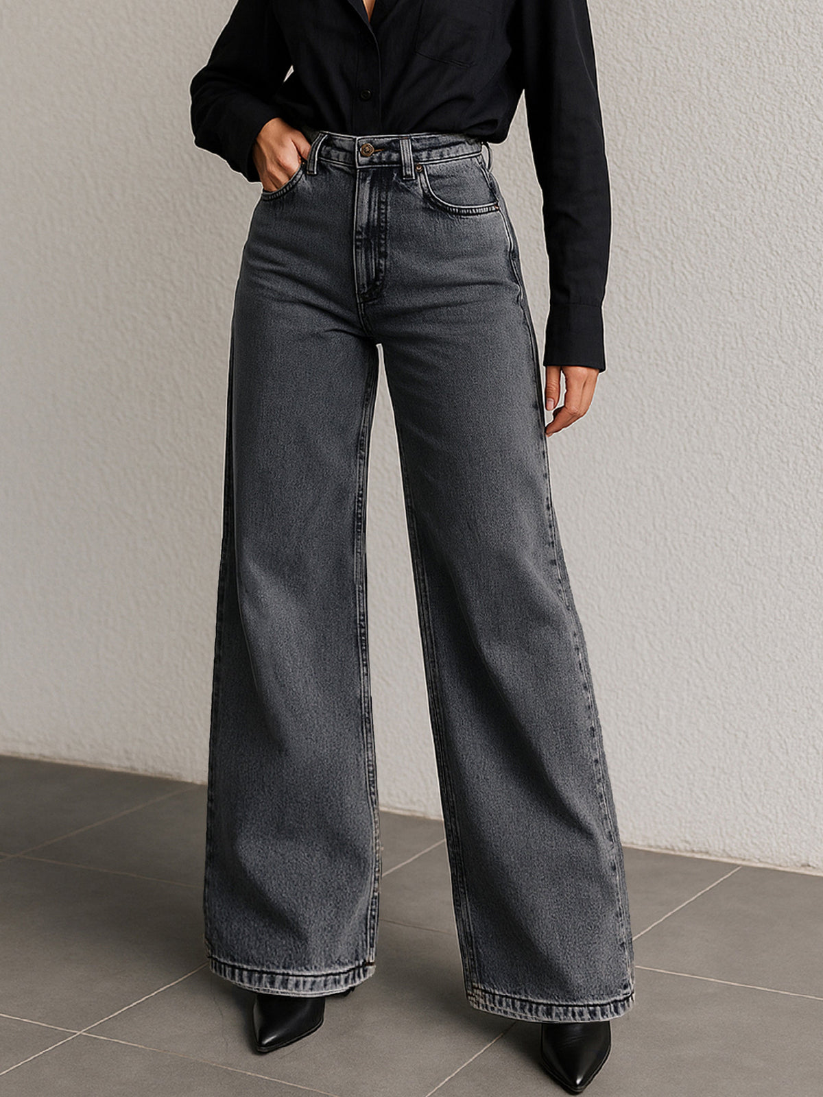 Grey Low Waist Wide Leg Jeans -SASSAFRAS
