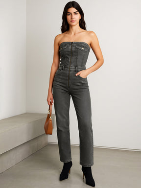 Grey Denim Off-Shoulder Flap Jumpsuit-SASSAFRAS