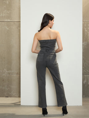 Grey Denim Off-Shoulder Flap Jumpsuit-SASSAFRAS