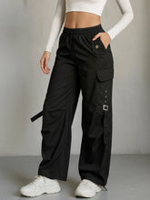 Black Parachute Side Metal Buckle Detail Cargos-SASSAFRAS
