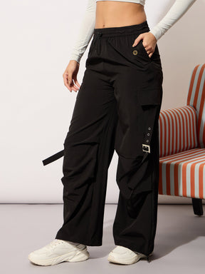 Black Parachute Side Metal Buckle Detail Cargos-SASSAFRAS