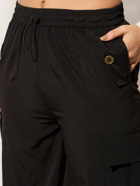 Black Parachute Side Metal Buckle Detail Cargos-SASSAFRAS