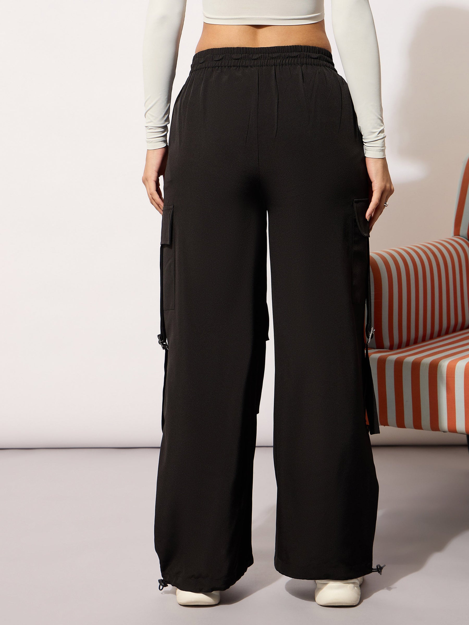 Black Parachute Side Metal Buckle Detail Cargos-SASSAFRAS