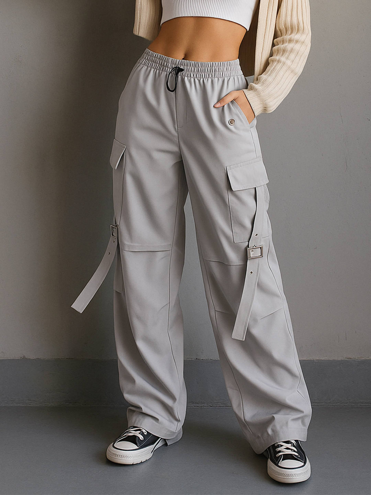 Grey Parachute Side Metal Buckle Detail Cargos-SASSAFRAS