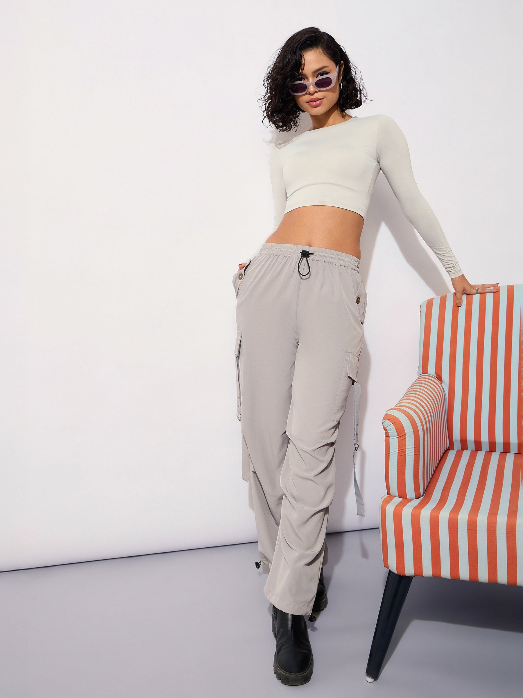 Grey Parachute Side Metal Buckle Detail Cargos-SASSAFRAS