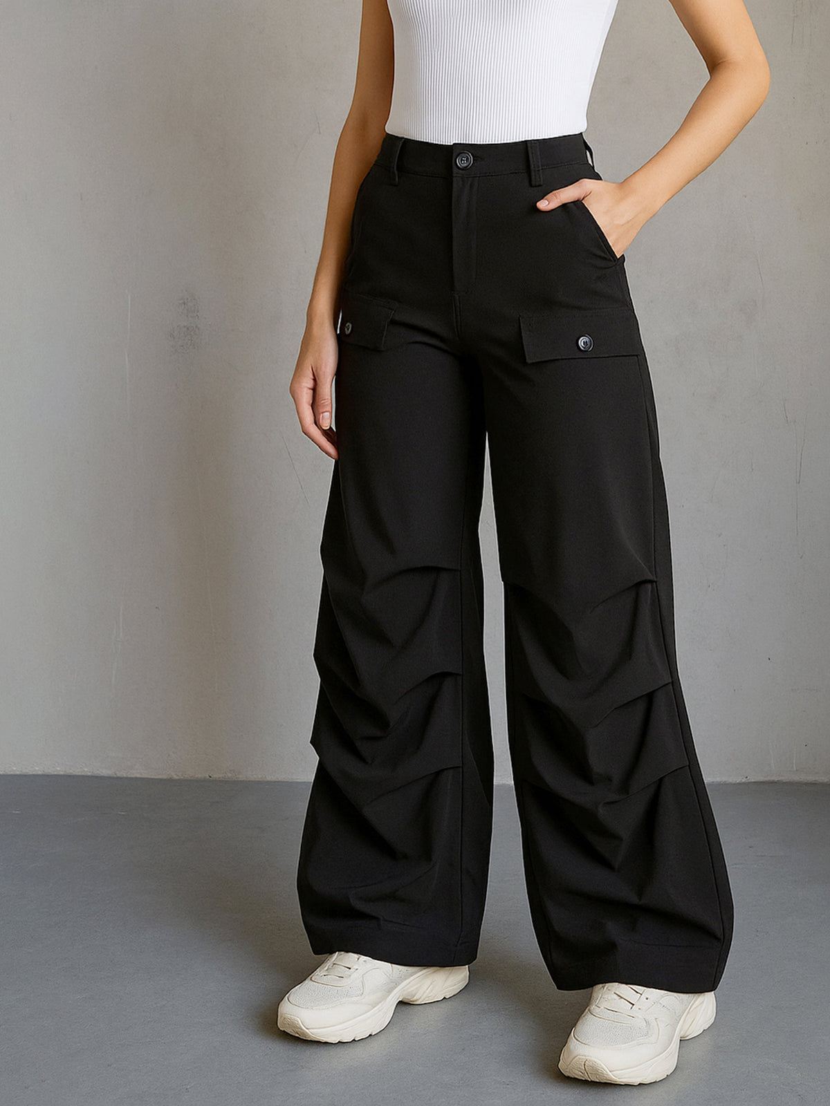 Black Parachute Pintuck Cargos-SASSAFRAS