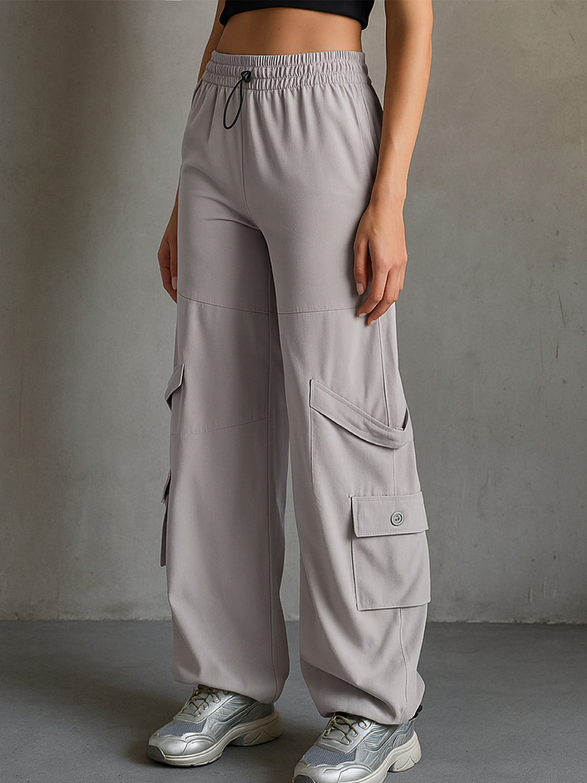 Grey Parachute Hem Pockets Cargos-SASSAFRAS