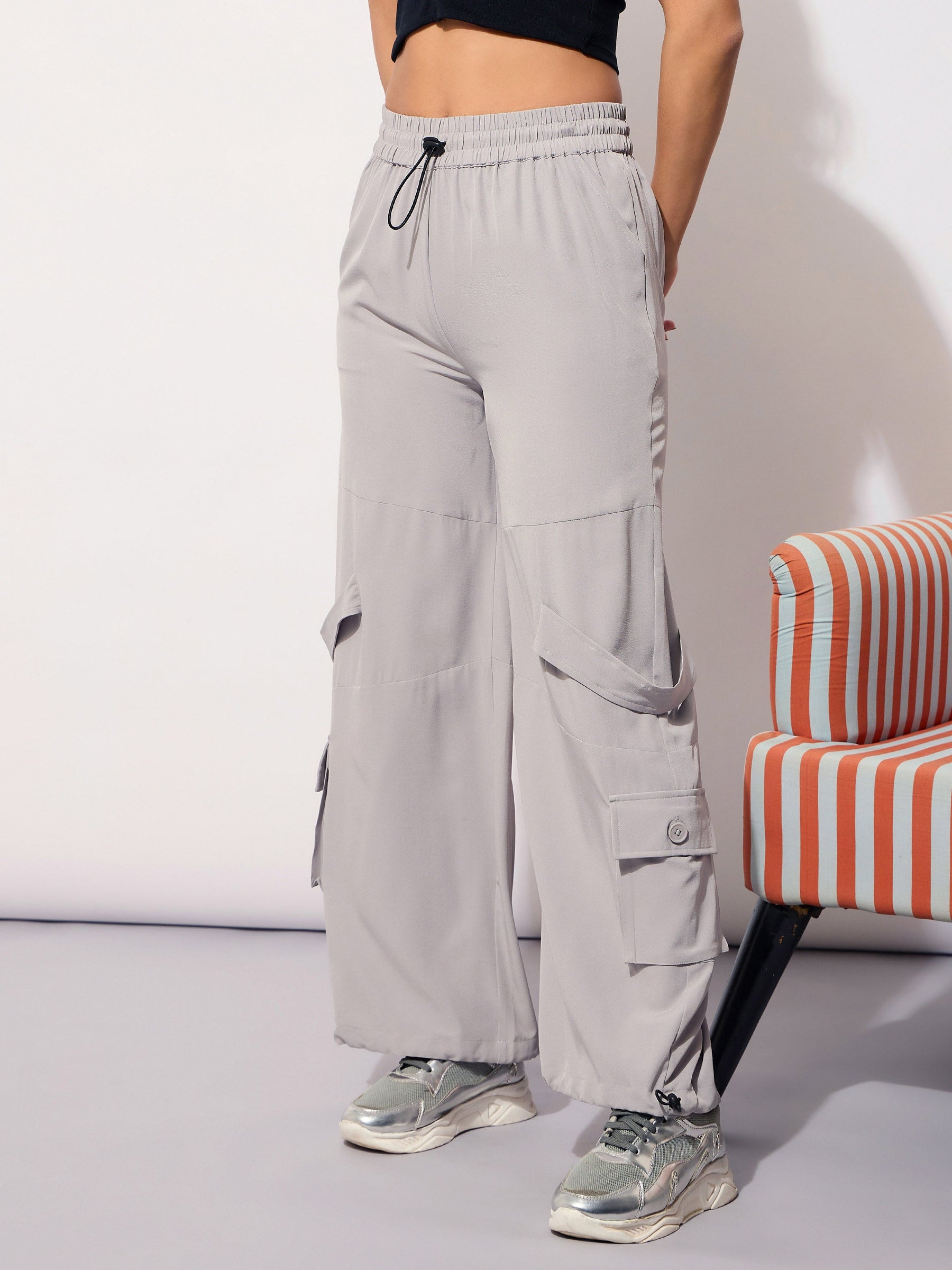 Grey Parachute Hem Pockets Cargos-SASSAFRAS