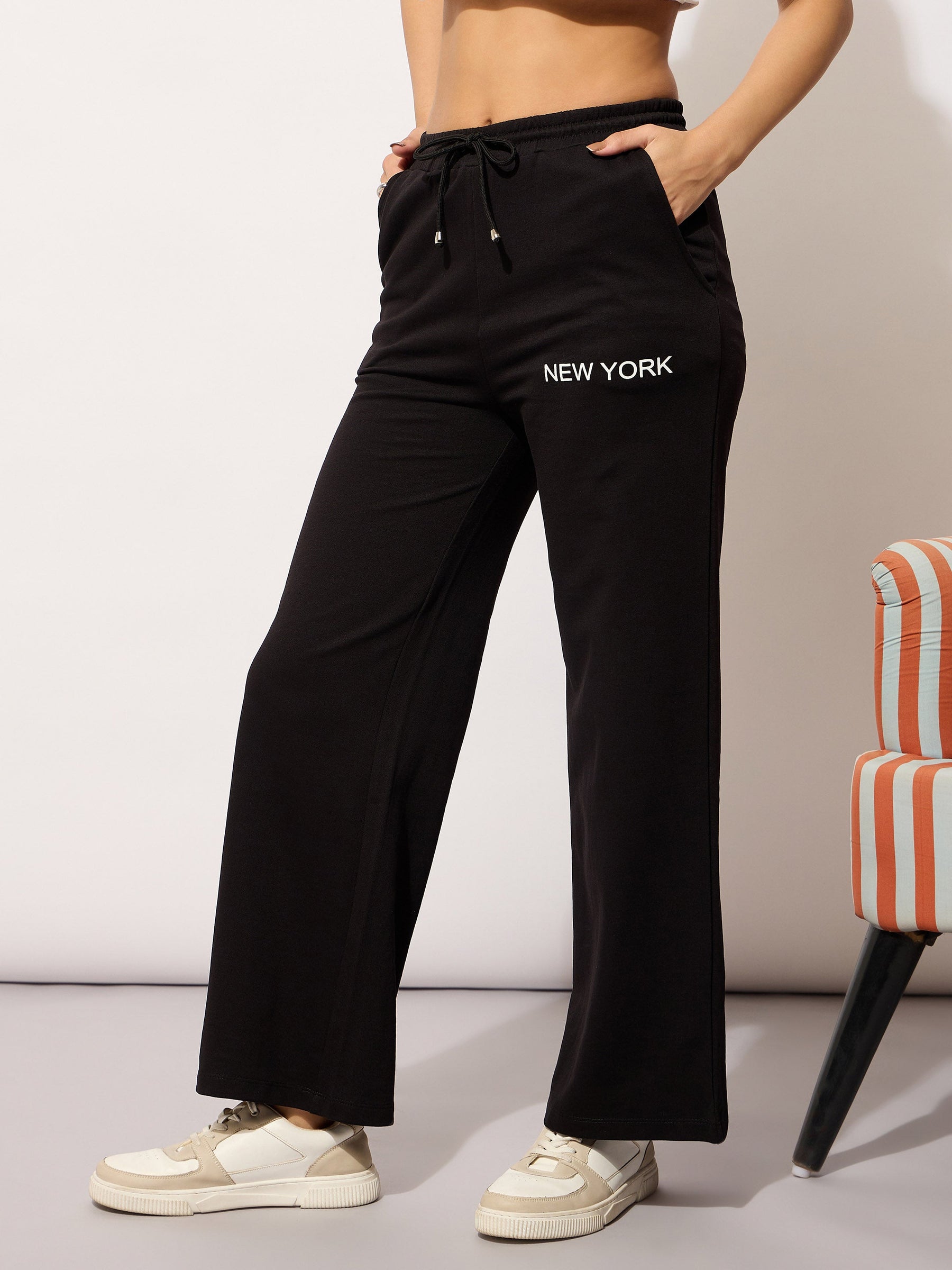 Black Terry NEW YORK Print Track Pants -SASSAFRAS