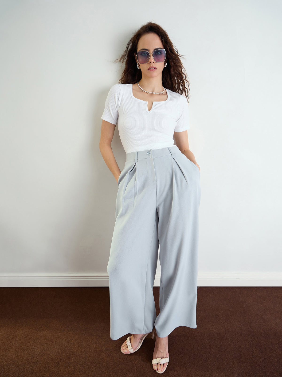 Grey High-Rise Front Pleated Korean Pants-SASSAFRAS worklyf