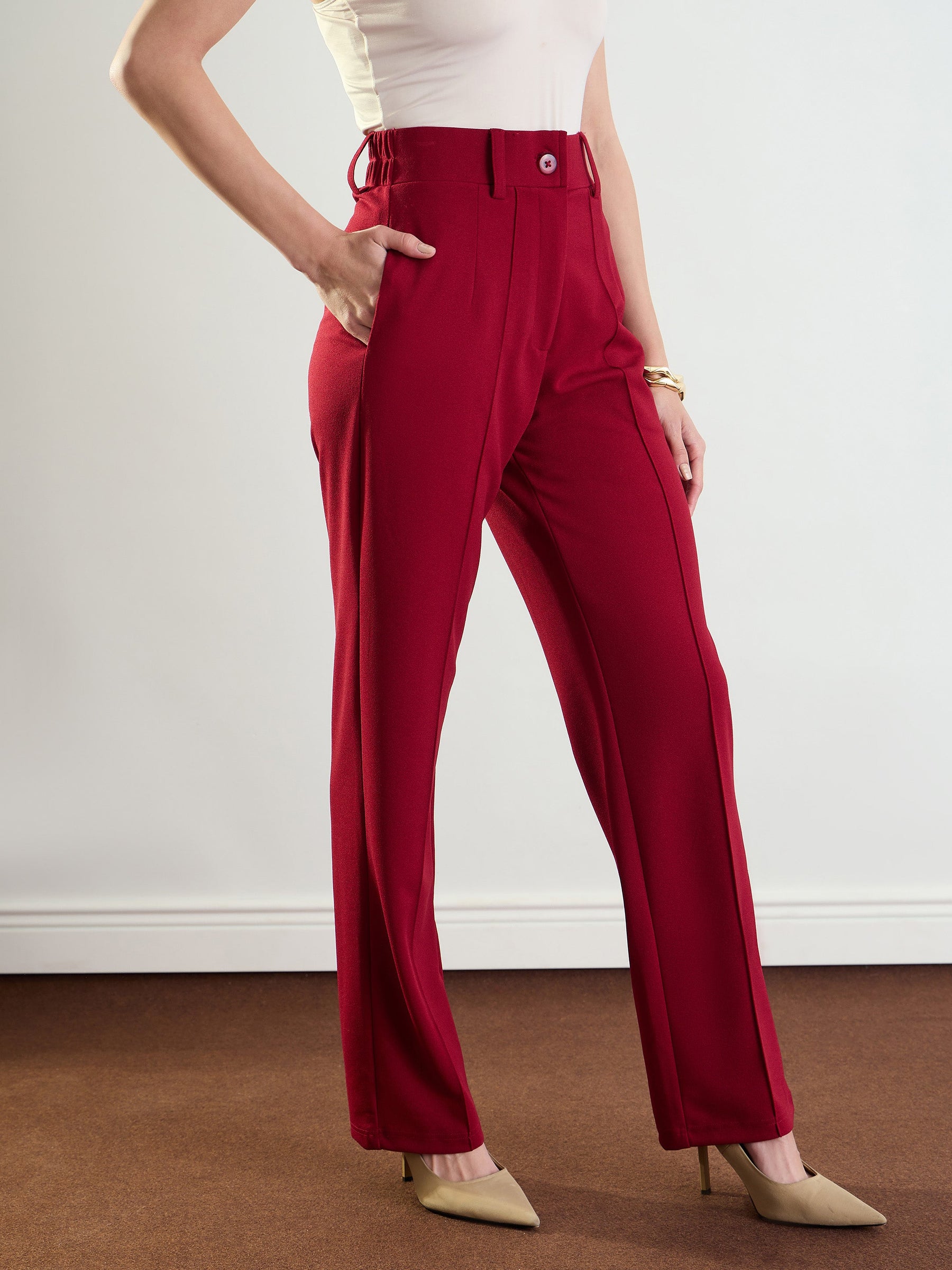 Maroon Front Dart Straight Fit Pants-SASSAFRAS worklyf