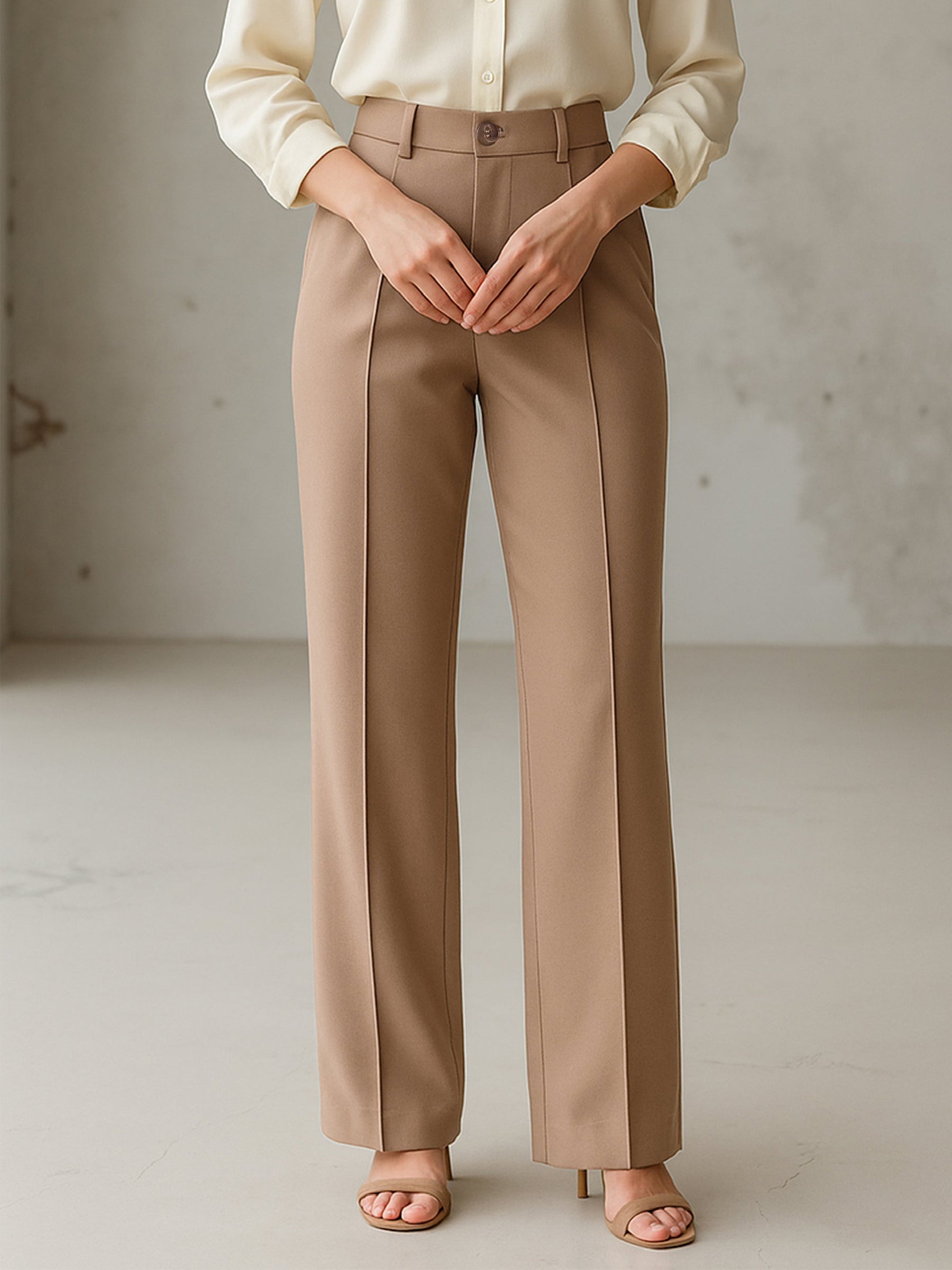 Beige Front Darted Straight Fit Pants-SASSAFRAS worklyf