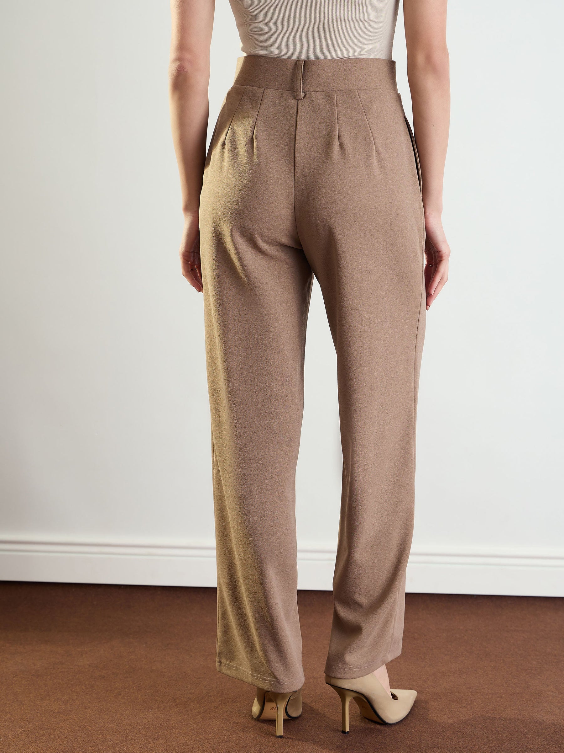 Beige Front Darted Straight Fit Pants-SASSAFRAS worklyf