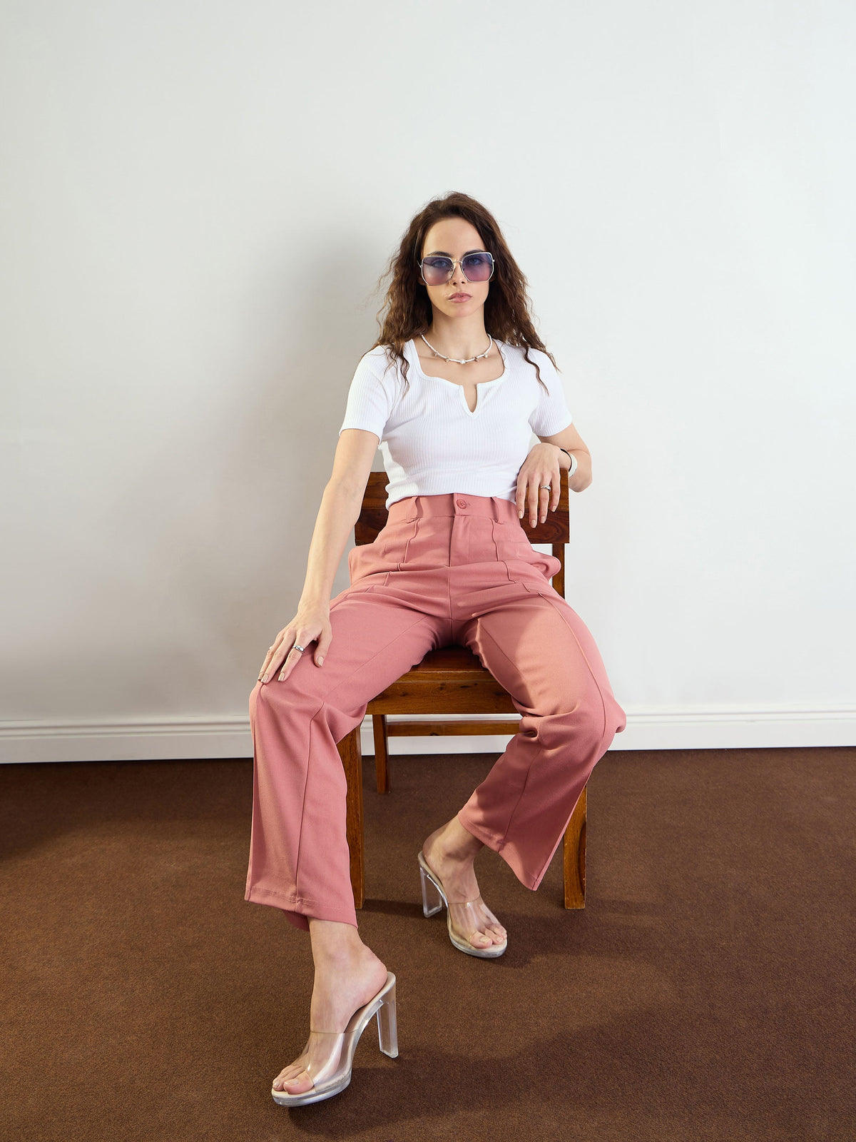 Pink Front Darted Straight Fit Pants-SASSAFRAS worklyf